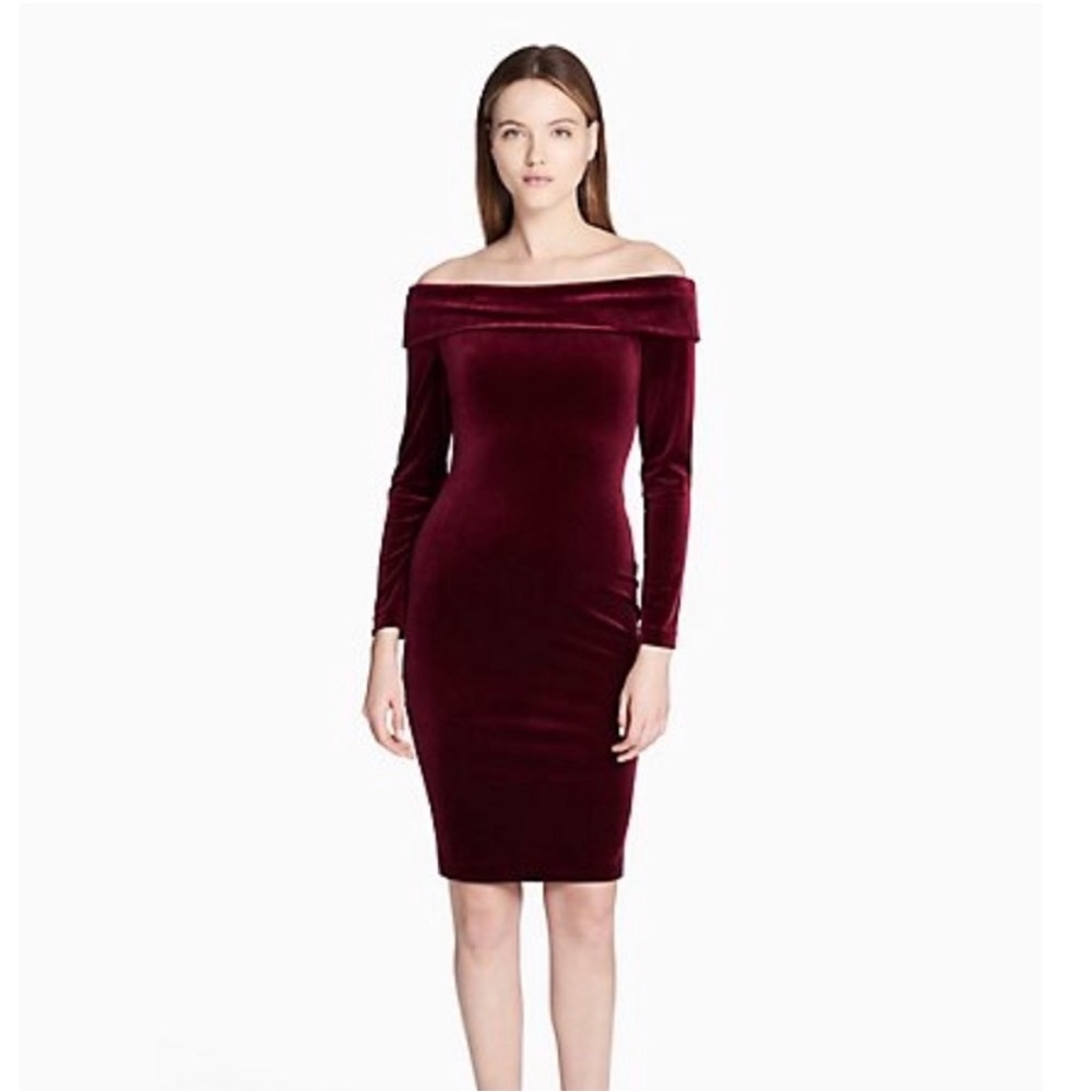 Calvin Klein Burgundy Velvet Long Sleeve Cocktail Dress